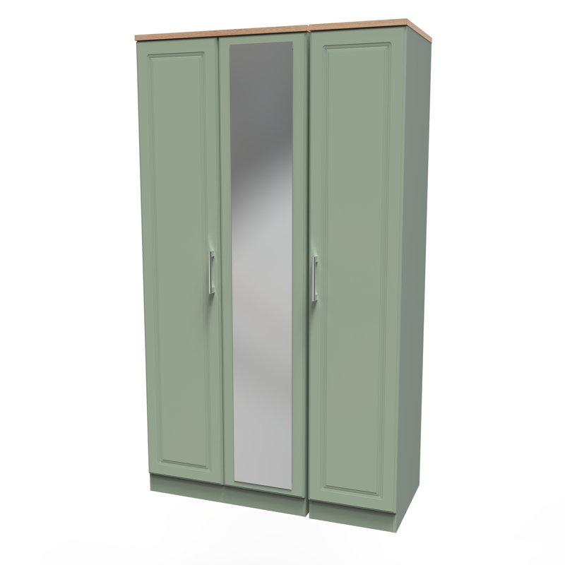 Aalysia Tall Triple Mirror Wardrobe , 196" H x 111" W x 53" D, Reed Green/Bardolino Oak