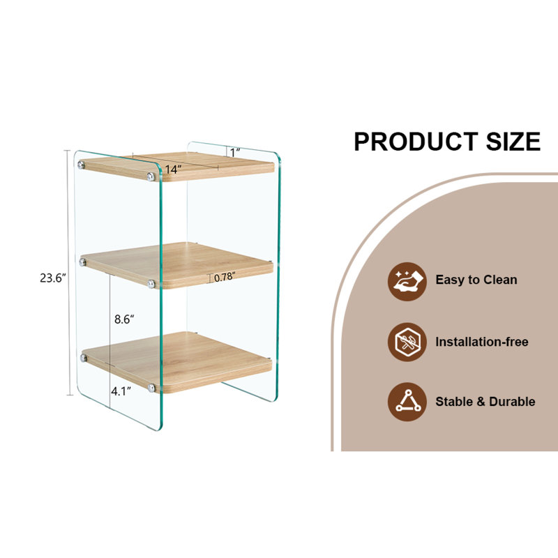 Three-layer bedside cabinet: mdf with wood stickers, tempered glass sides, simple elegant design, ample storage (110 characters)