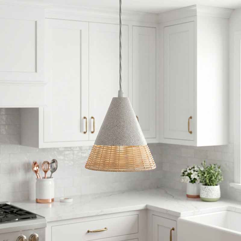 Luminaire suspendu conique texturé 1 lumière avec détails en rotin tissé