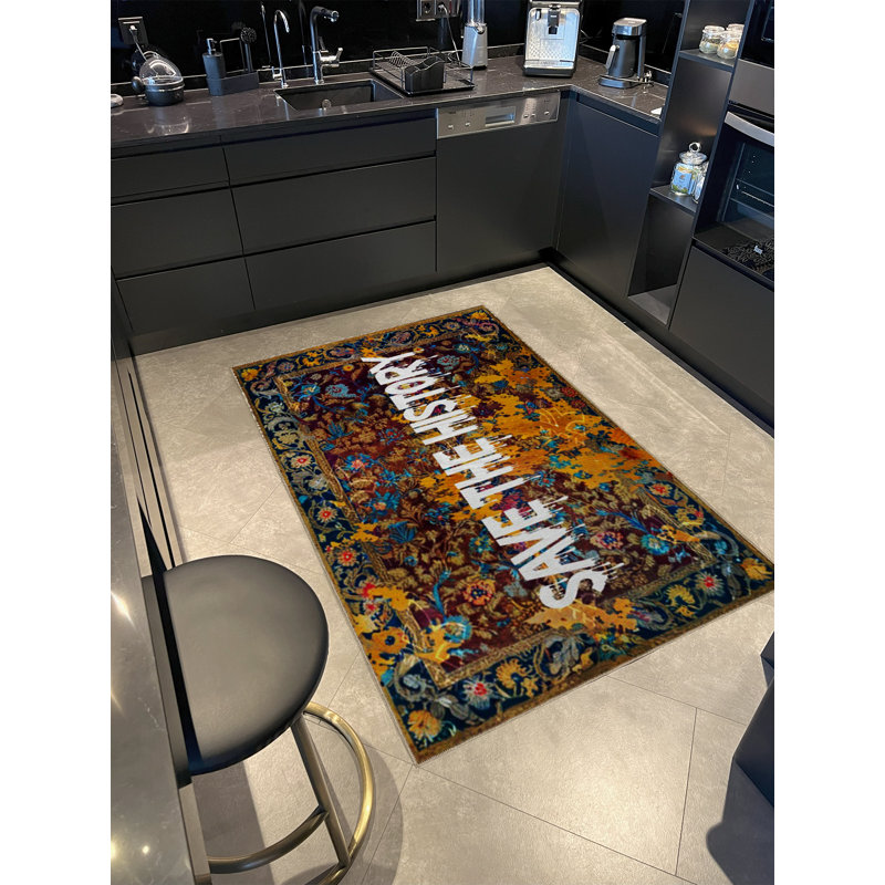 Written Collection "Save The History" Text Patterned Floral Modern Decorative Rug, Runner 3'3.37" x 9'10.11"