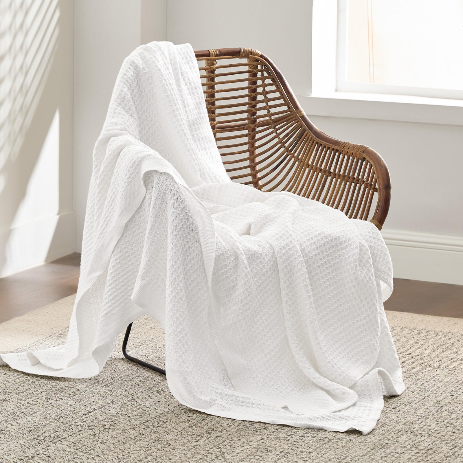 Bedsure Cotton Waffle Weave Throw Blanket, White, Queen