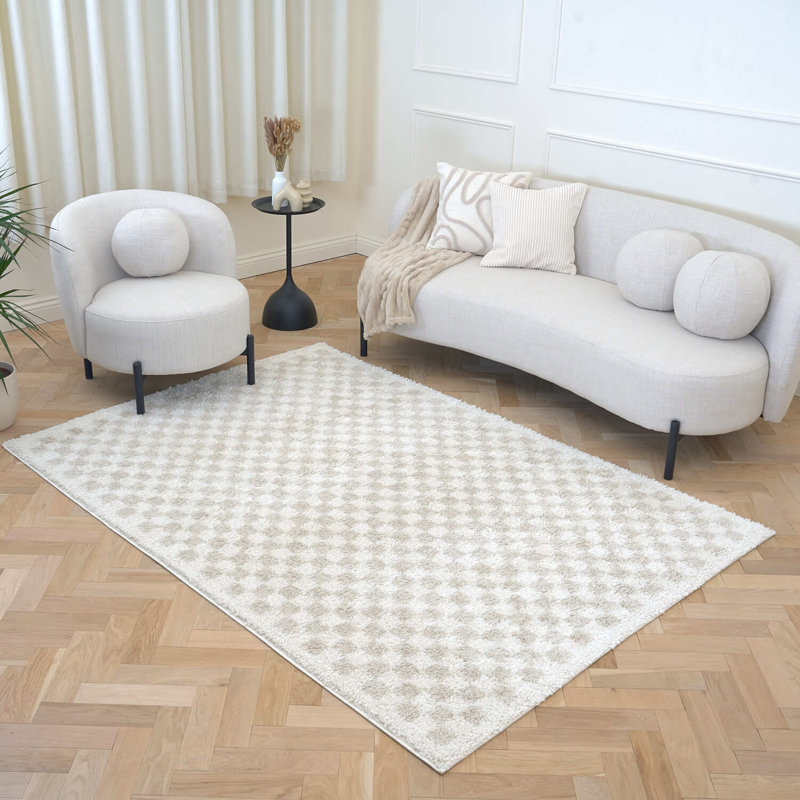 Moodi Modern Shaggy Area Rug Checkered Design, Rectangle 200 x 290 cm, Off-White Cream/Light Beige