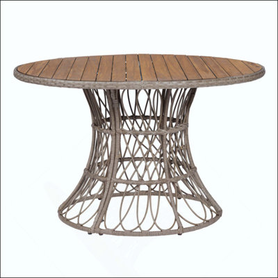 Durable Outdoor Dining Table - Round Acacia Wood Top & Wicker Base, Teak Finish Patio Table For 4 - 6, Garden Outdoor Furniture (Compatible With Matching Chairs)
