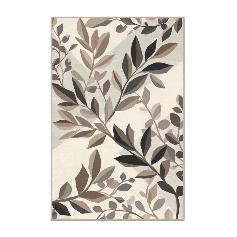 Machine Washable Ottwell Olive Branch Coastal Geometric Rug in Beige – Beige Binding, 7x10