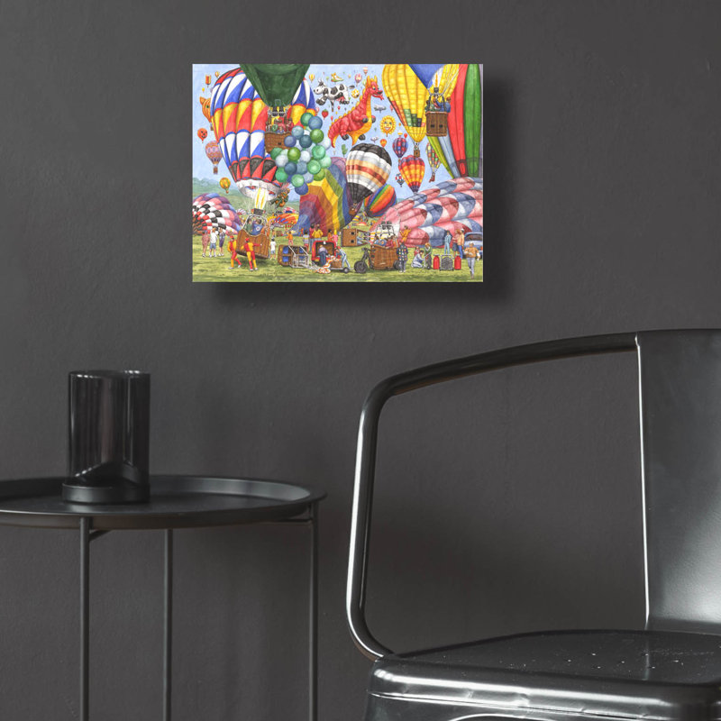 Art mural en verre en acrylique «Balloon Festival Cadre Out with Cow and Dragon» par Gale Pitt, 16 po x 12 po