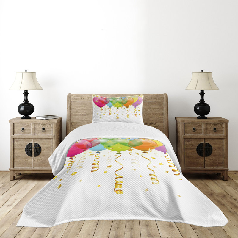 Ambesonne Party Bedspread Set 2 Pcs 3D Balloons Rain Twin Multicolor