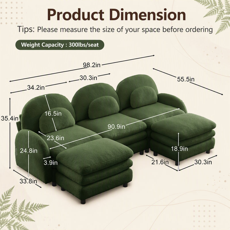 Canapé modulaire 3 places Teddy, L 98,2 po, Green Teddy