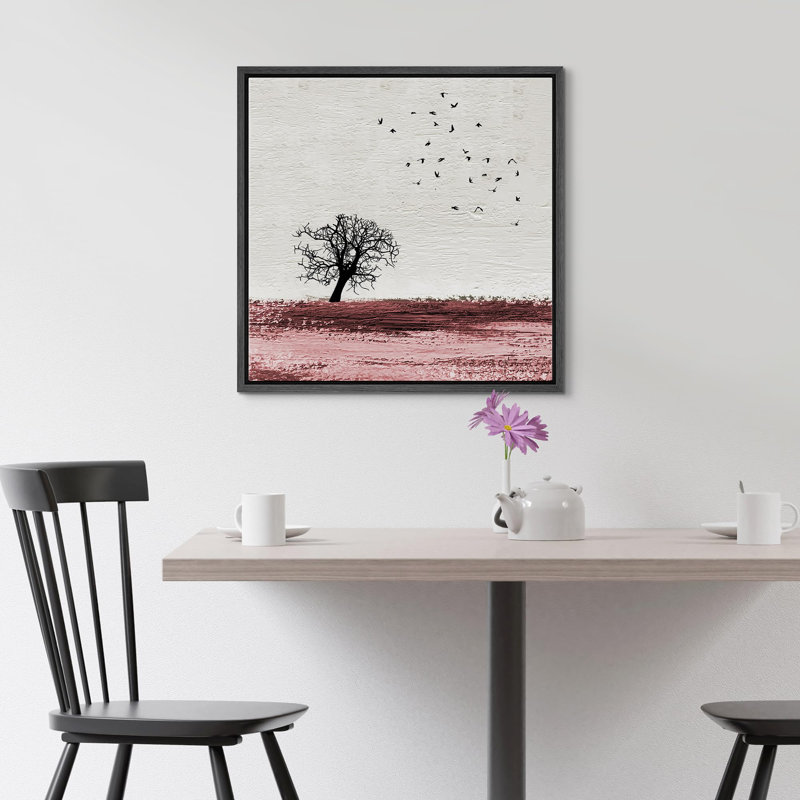 Birds Fly Over Pink Field with Tree, reproduction d'art sur toile, Noir, H 16 po x l 16 po