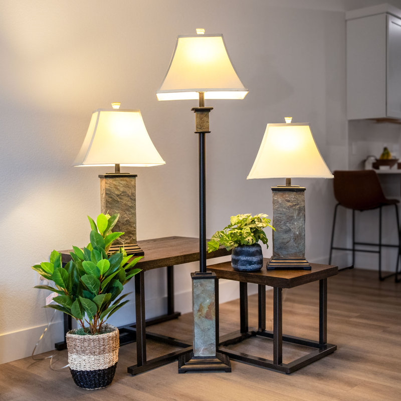 Timeless Abode 3-Piece Floor and Table Lamp Set, Gray Slate with White Shade