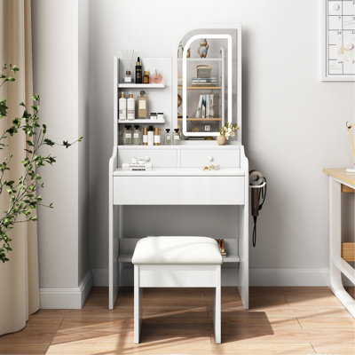 Fashion Vanity Desk With Mirror And Lights For Makeup With Hair Dryer Holder And Chair, Vanity Mirror With Lights And Table Set With 3 Color Lighting