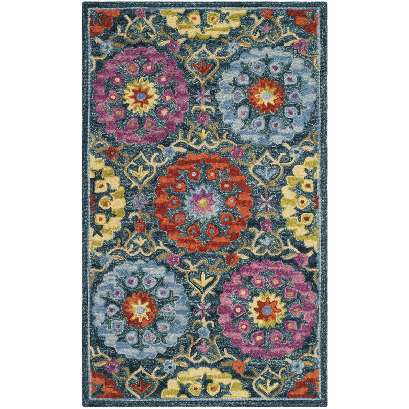 Suzani Hand Hooked Wool Geometric Rug, Rectangle 3' x 5'