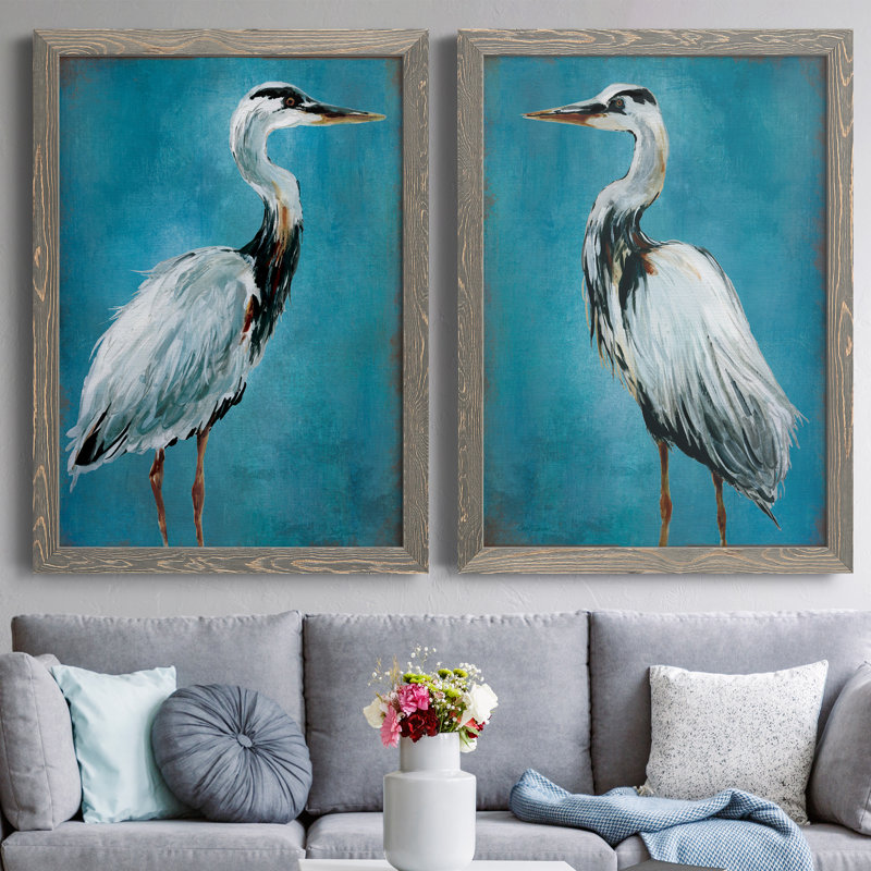 «Great Blue Heron I», ensemble de 2 peintures sur toile encadrées, Encadré gris, H 37,5 po x l 55 po x P 1,5 po