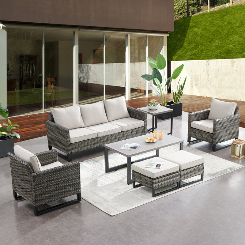 Naresa Wicker - Person Patio Conversation Set with Cushions, Gray, Gray
