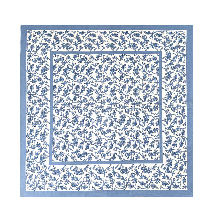 Granada Cornflower Blue Handmade Floral Tablecloth, 90" Square, Blue
