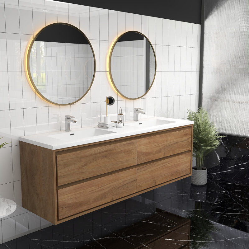 Meuble-lavabo mural double l 71 po x P 19,6 po x H 21,75 po Aurik, Chêne naturel