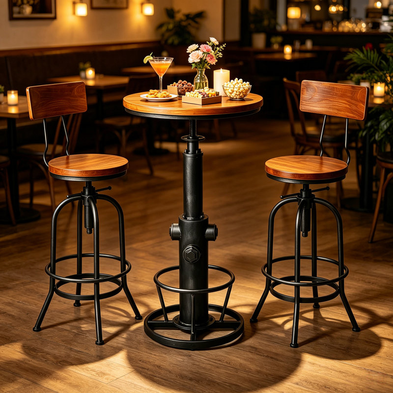 Ensemble de tables et de tabourets à hauteur de bar 3 pièces avec ensembles de dossier pour bistro à la maison, (1 table de 38,6 po à 48,4 po, tabouret de 2 po de 26 po à 32 po) 6B8EDEE8FD0549E5BD7469539EFDD20B