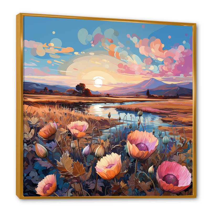 «Thistle Flower Field Sunset» sur toile, H 24 po x l 24 po x P 1 po, Cadre flottant doré