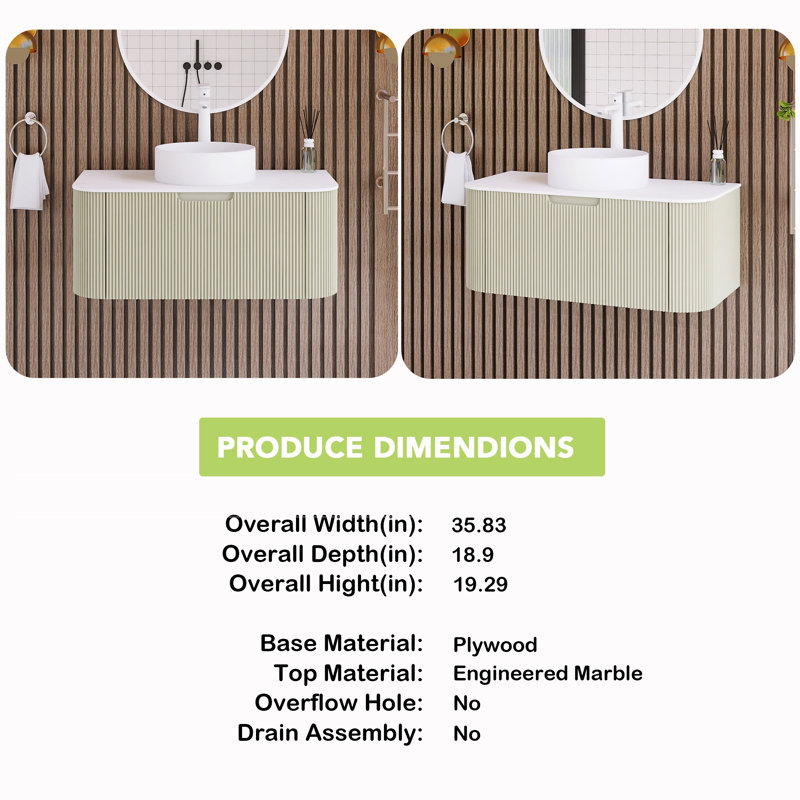 36 po Ensemble de meuble-lavabo mural W avec comptoir en marbre blanc assemblé, Vert