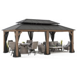 SUNJOY 12 x 20 ft. Wood Gazebo, Outdoor Patio Cedar Framed Wooden Hardtop Gazebo with 2-Tier Metal Roof, Suitable for Patios, Lawn, and Backyard, Dark Brown Roof + Dark Wood Frame