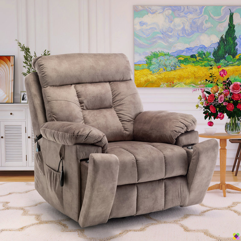 Vayun 40.94"W Oversize Upholsetery Liftable Massage Heater Power Recliner, Cup Holders, Dual Remote, Light Brown