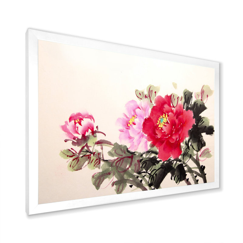 Encre de pivoine chinoise - reproduction sur toile, H 8 po x l 12 po x P 1 po, Toile blanche avec cadre photo