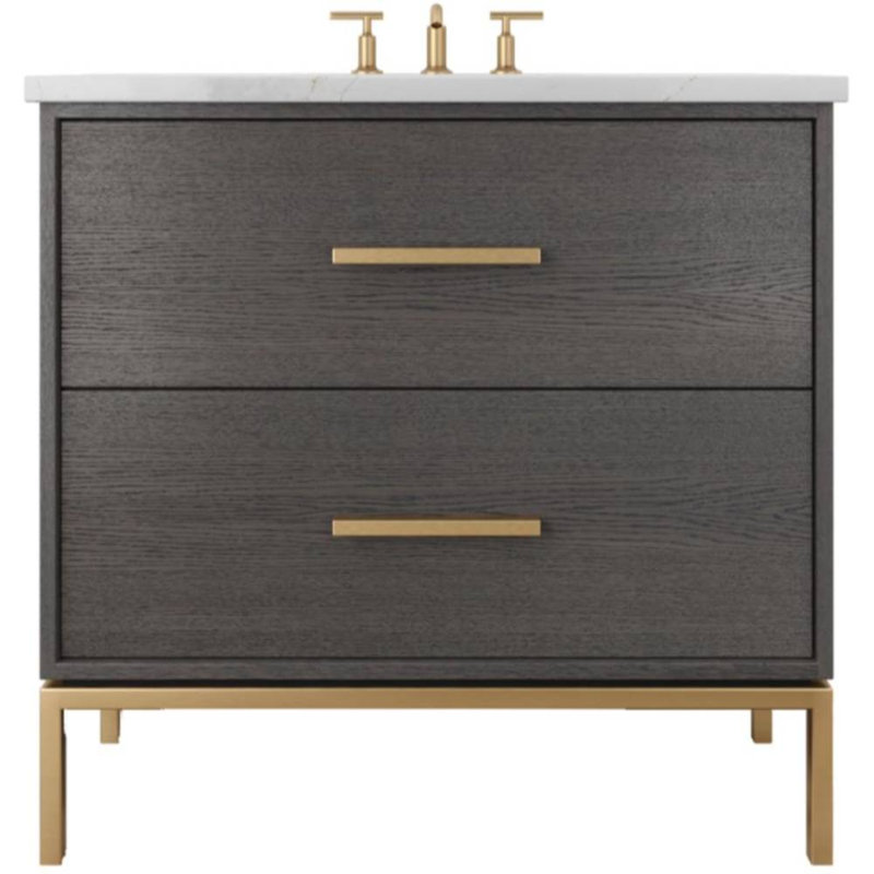 Rift White Oak Two-Drawer Single Bath Vanity, 30", Gray Weathered, Satin Gold