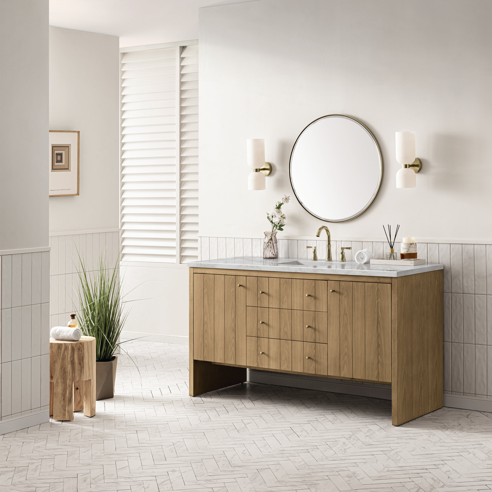 Hudson 60'' Single Bathroom Vanity, 8" Widespread, Victorian Silver, Light Natural Oak