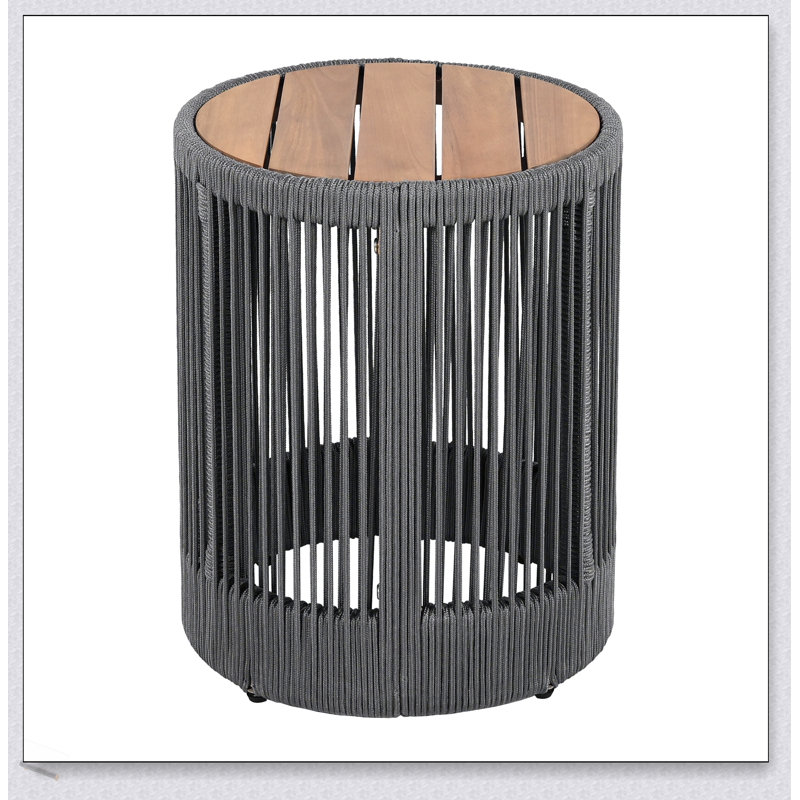 Outdoor Rattan Rope & Acacia Wood Side Table - Patio Balcony Furniture, Weather-Resistant, Rustic And Modern Design