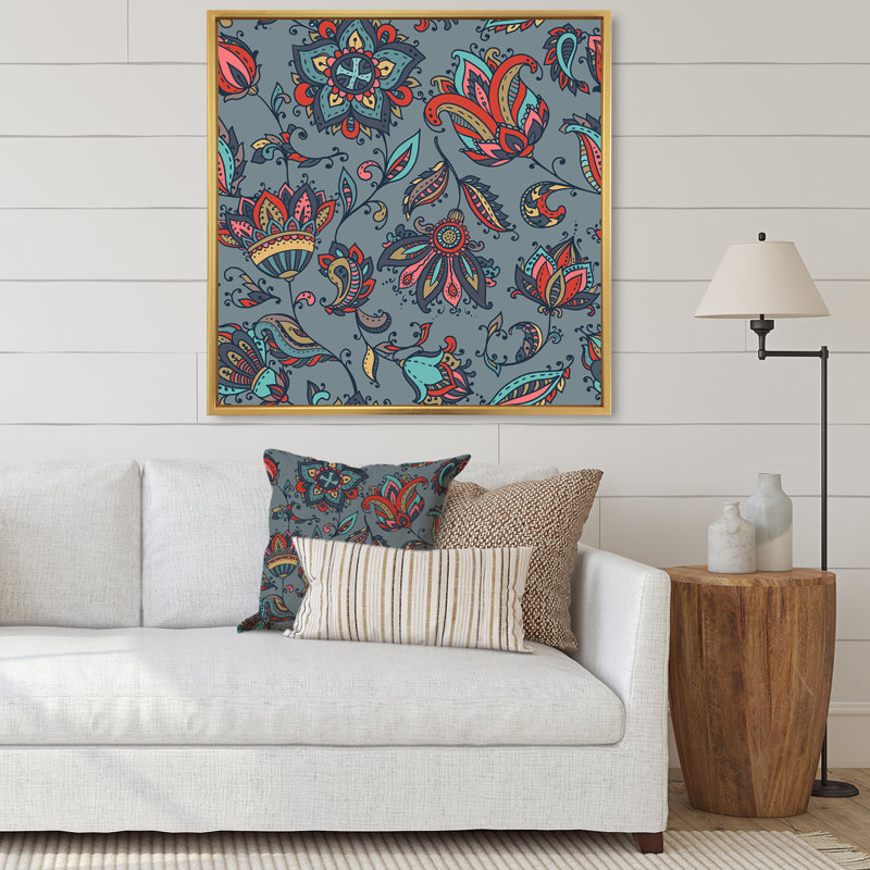 «Red Paisley Flowers On Gray», reproduction d'art sur toile traditionnelle, H 30 po x l 30 po x P 1 po, Cadre flottant doré