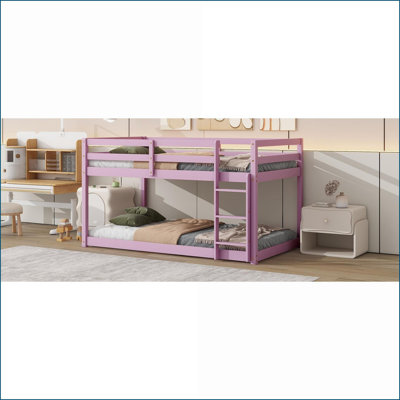 Solid Rubber Wood Twin Over Twin Floor Bunk Bed with Ladder - No Box Spring Needed, Pink for Compact Bedrooms
