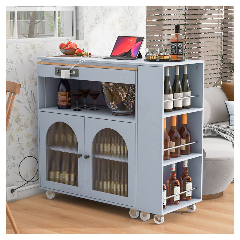 Grey-Blue Rolling Kitchen Island with Extended Dining Table, Mobile Kitchen Cart with Power Outlets, LED Lights & Fluted Glass Doors