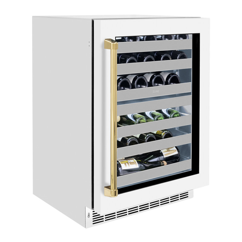 ZLINE Autograph 24" Touchstone Wine Cooler w/ White Glass Door & Bronze Handle, White Matte/Polished Gold