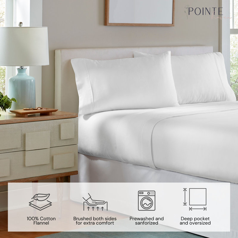 Pointehaven 170 GSM Printed Flannel 100% Cotton Deep Pocket Sheet Set, Cal.King Sheet Set+Fitted Sheet + 2 Pillowcases, White
