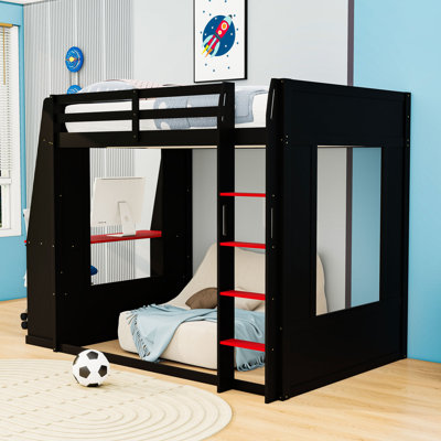 Queen Over Queen Wood Bunk Bed with Desk, Charging Port, LED Light and Shelves