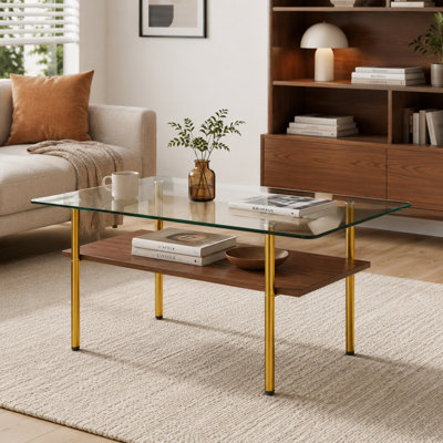 Rectangle Glass Coffee Table, Clear Double Layer Glass Coffee Table for Living Room