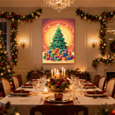 Arbre de Noël de Noël avec cadeaux et lumières, ensemble de 3 impressions sur toile