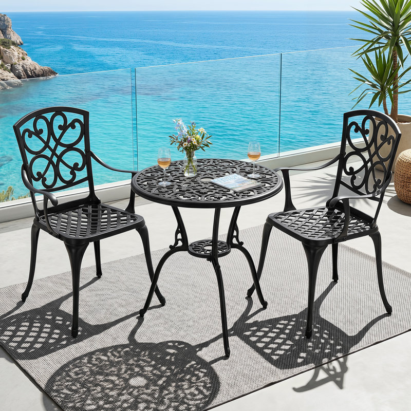 Ensemble bistro de patio, table en fonte d'aluminium et chaises avec trou pour parasol