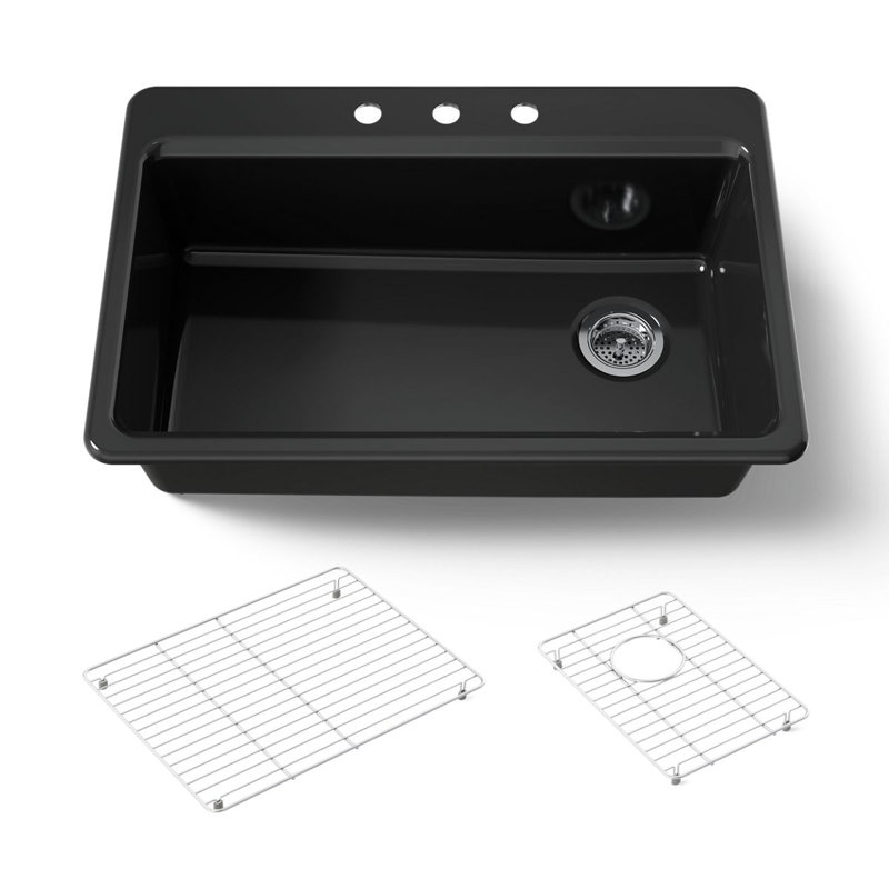 Riverby 33" Top-Mount Single-Bowl Kitchen Sink, Black, 3 hole