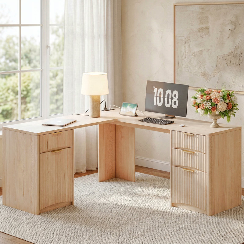63'' Fluted L Shaped Desk with Drawers, Corner Computer Desk with Storage, Modern Executive Home Office Desk with File Cabinet and Charging Station, Natural Oak