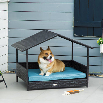 Blue Elevated Dog Bed With Removable Cushion And Outdoor Peace Area Canopy House Raised Cushion, For Indoor & Use