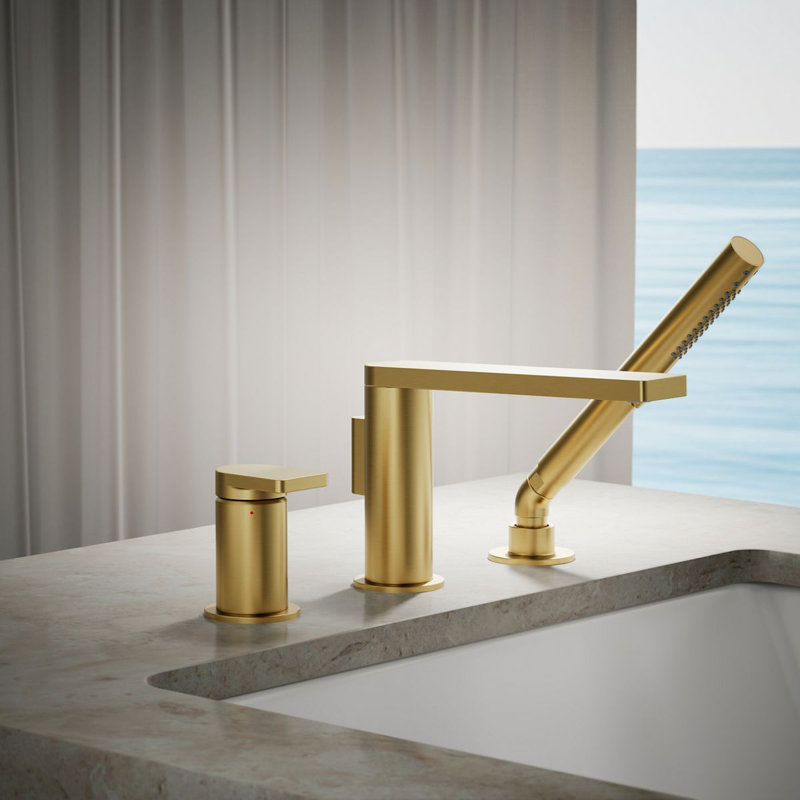 Composed Deck-Mount Bath Faucet With Handshower, Vibrant Brushed Moderne Brass