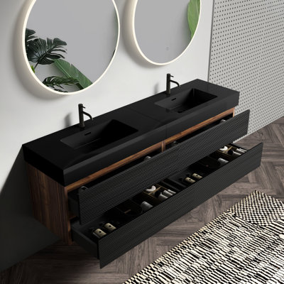 Bathroom Vanity 72'' With Matt Black Sink, Soft Drawers, Double Sinks, Four Grille And Walnut Color, E1 Grade , E0 Water- Finish, Hidden Middle Handle, U-Shaped Drainage Hole, Countertop, Integrated