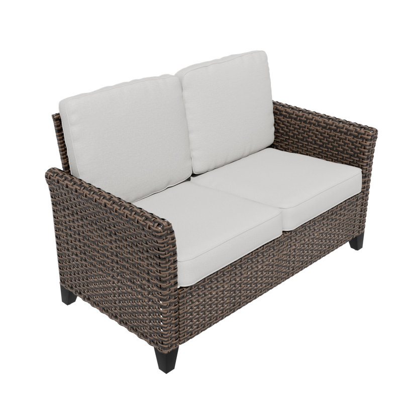 Mix Brown Rattan Wicker Patio Outdoor Spacious Loveseat with Curved Armrest, Beige