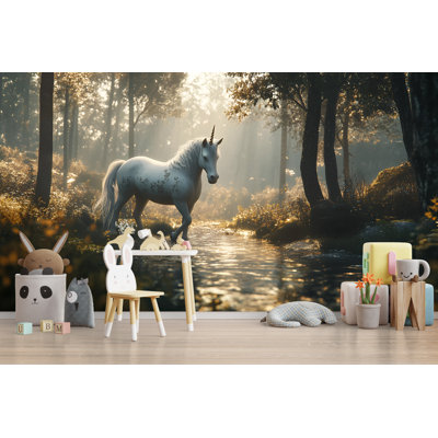 Mystical Unicorn In Forest Wallpaper - Enchanted Light And Trees Wall Mural For Fairytale Bedroom, Fantasy Kids Room Or Magical Woodland Decor