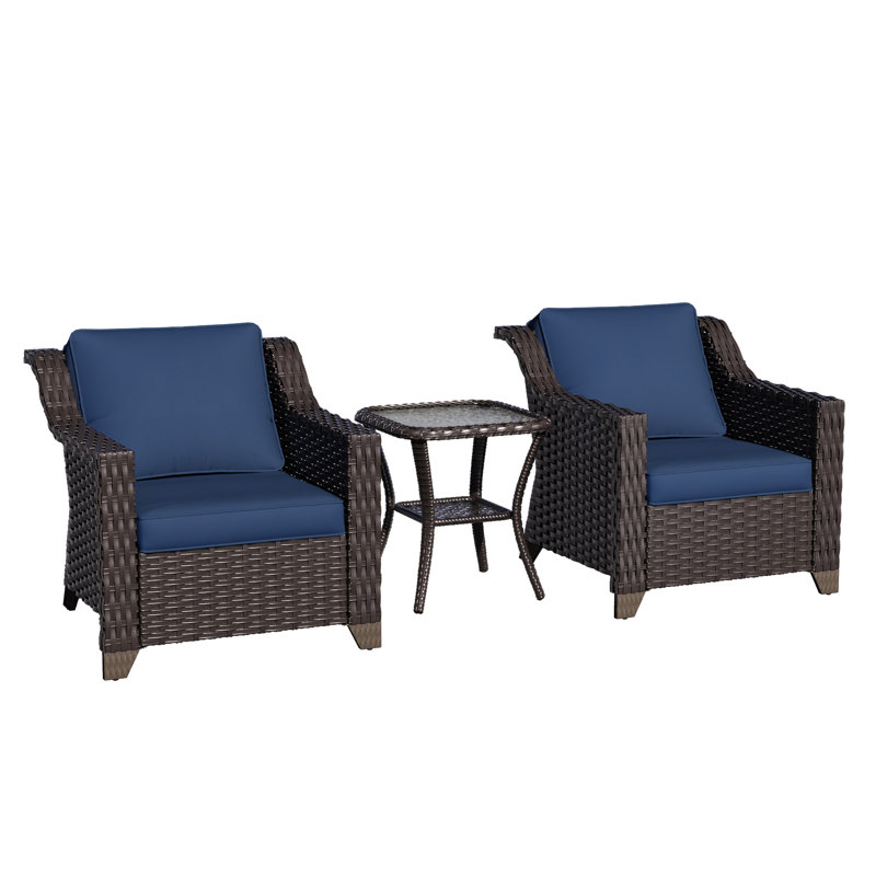 3-Piece Outdoor Rattan Wicker Conversation Set, Patio Furniture with 2 Armchairs, Removable Cushions & Tempered Glass Side Table, Weather-Resistant Garden Seating for Backyard, Porch, and Poolside