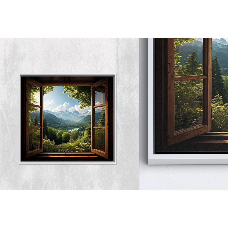 Toile imprimée: vue sur la montagne à travers une fenêtre, œuvre d'art encadrée blanche 1P, H: 63,1 po x l: 63,1 po