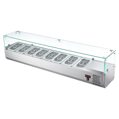 Refrigerated Countertop Prep Unit with 33.6QT Capacity, ETL Certified, Ideal for Commercial Kitchens and Salad Bars, 160W Power, Includes 8 x 1/4 Pans, Auto Defrost, Adjustable Temperature Control, and Glass Sneeze Guard