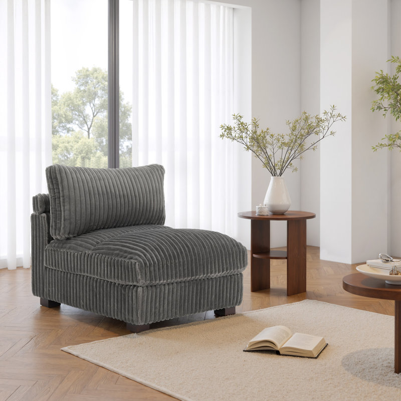 Upholstered Faux Rabbit Fur Flannel Armless Chair with Pillow Back, Single Chair Module Part For Sectional Sofa, Light Grey