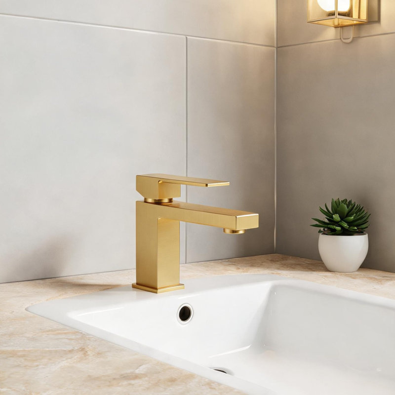 Robinet de salle de bain monotrou doré avec poignée à levier unique moderne, cartouche à disque en céramique et conduites d'alimentation incluses pour une installation facile sur le pont