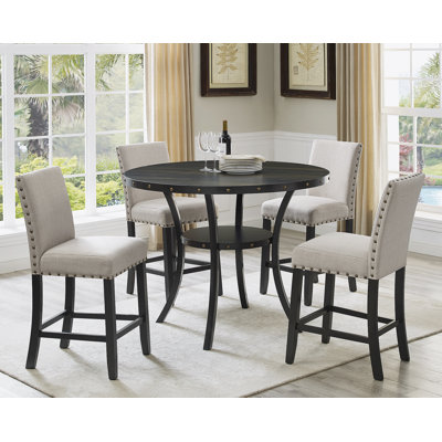 Espresso Wood Counter Height Dining Set With Tan Fabric Nailhead Stools